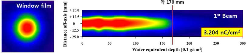 측정된 전자빔의 dose 분포와 깊이에 따른 전자빔의 dose 분포 (KIRAMS 분석 자료) >