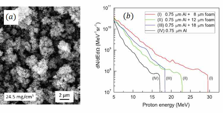 (a)탄소 폼 물질의 SEM 확대 이미지 (b)논문5)에 게재된 폼 타겟의 양성자 에너지 증가 효과