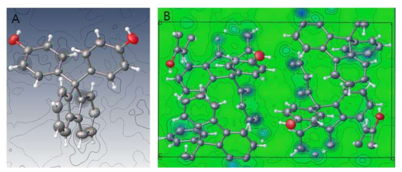 BPA 대체물질의 electron density maps. (A) 3차원적인 입체 분자구조(좌) 및 (B) 결정구조(우)