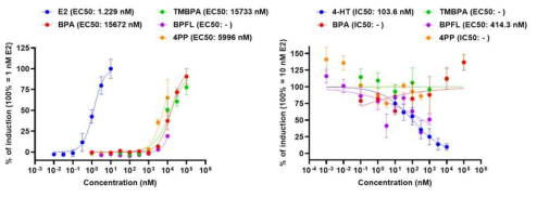 BPA, TMBPA, BPFL, 및 4-pp 노출에 따른 estrogenic activity 유도 및 저해 결과 (A) Estrogenic activity 유도 실험 (B) Estrogenic activity 저해 실험