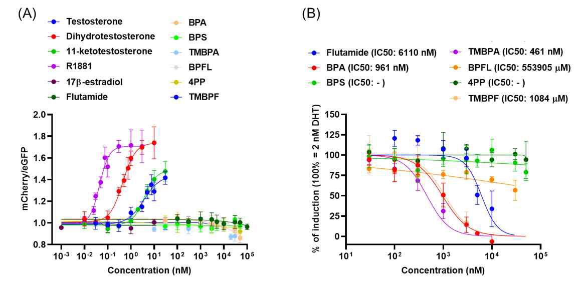 BPA, BPS, TMBPA, BPFL, 4PP, 및 TMBPF 노출에 따른 androgenic activity 유도 및 저해 결과. (A) Androgenic activity 유도 실험. (B) androgenic activity 저해 실험