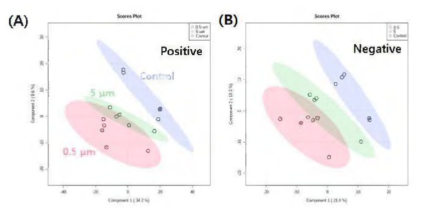 0.5 및 5 µm 사이즈의 미세플라스틱(PP)의 호흡 노출에 의해 변화되는 대사체 확인을 위한 positive mode (A) 및 negative mode (B)에서의 PLS-DA score plots