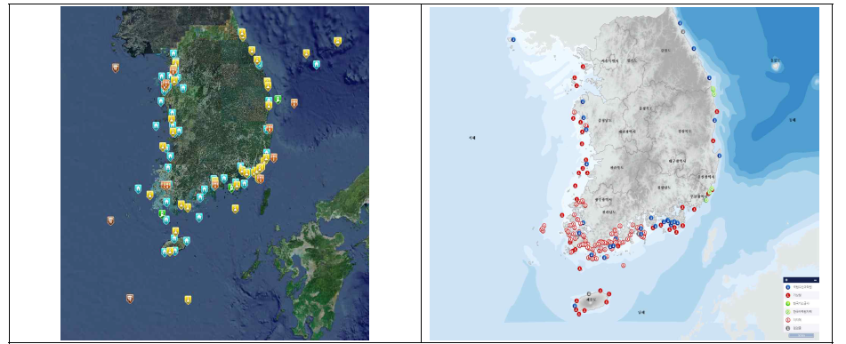 국내 해양관측망 구축 현황(왼쪽: 국립수산과학원, 오른쪽: 국립해양조사원, 기상청, 지방자치단체)