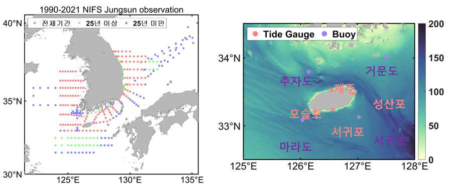 제주를 포함한 주변 해역 연안 정선 관측 정점과 조위 및 부이 관측 지역