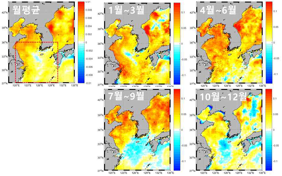 위성에서 관측된 월평균 표층수온 자료의 선형경향 분석 결과