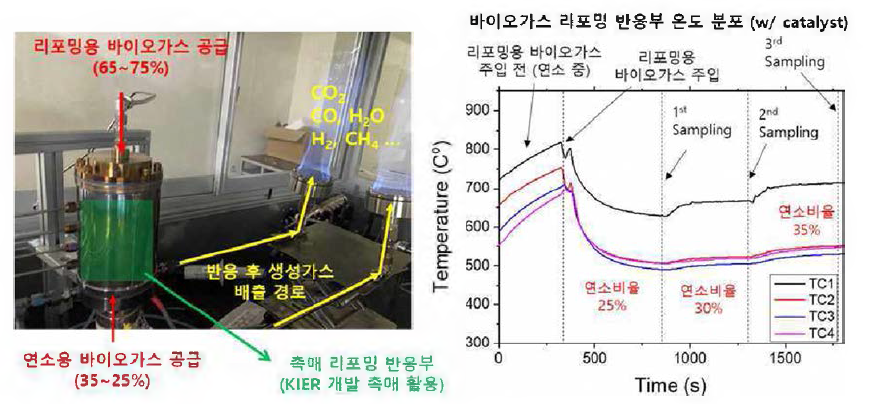 Thermal-neutral 플라즈마 촉매 바이오가스 개질 실험 사진 및 온도 분포 측정 결과