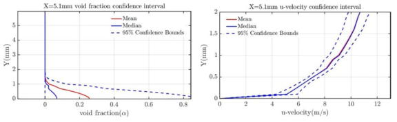 X = 5.1 mm에서 기공 분율(왼쪽)과 u-속도(오른쪽) 형상 및 신뢰구간