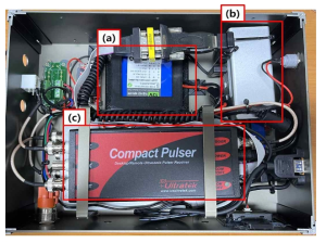 결함 판별 하드웨어 내장: (a) 배터리; (b) USB 허브; (c) pulser/receiver 및 A/D 보드