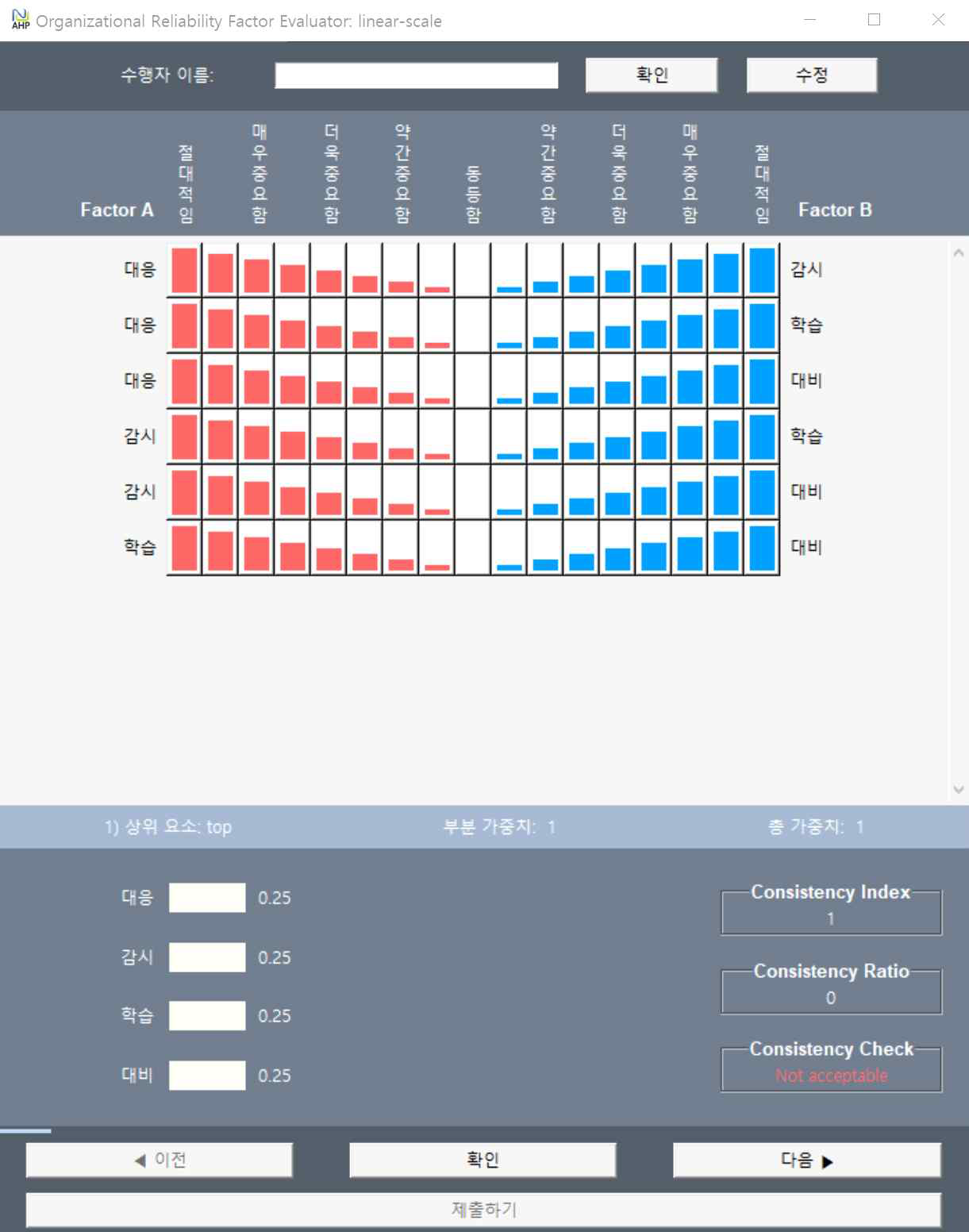 AHP 분석을 위한 쌍대비교 프로그램 화면