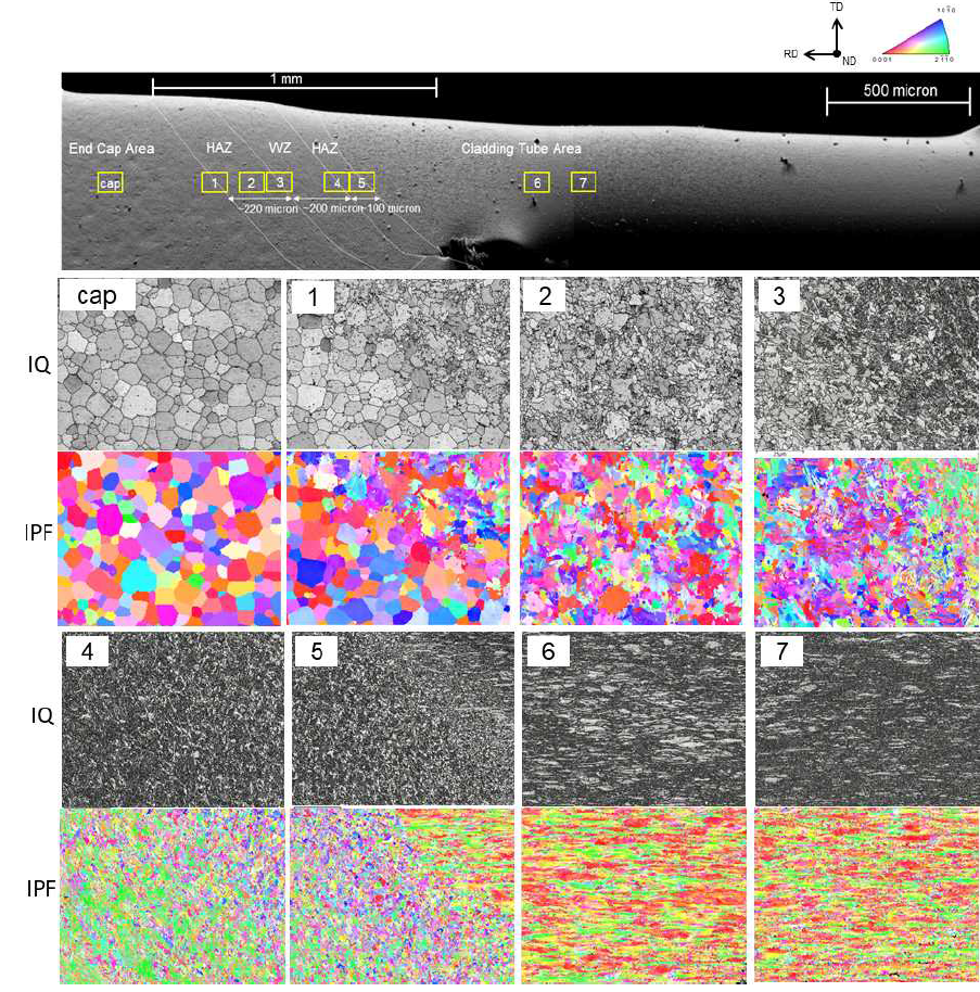 봉단마개 용접부 일대의 EBSD 미세구조 분석결과