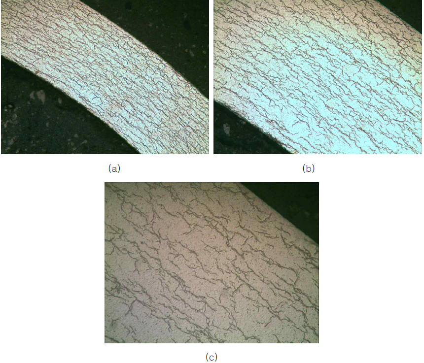 수소화물 재배열 실험 후 광학현미경 사진 (403.2 ppm, 104 MPa) (a) 배율 100배, (b) 배율 200배 (c) 배율 500배