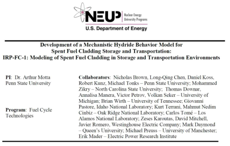 미국 NEUP에 선정된 사용후핵연료의 운반 및 건식저장 대학주관 단일 집단 연구 [U.S.DOE, 2017]