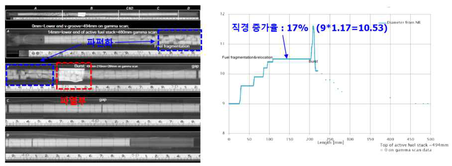 IFA-650.11에서 연료봉 길이 방향에 따른 직경 크기(출처: OECD Workshop on VVER Fuel Behavior(May 11, 2011), “LOCA IFA650.11: PIE of a VVER Rod Subjected to LOCA Testing in the HBWR”)