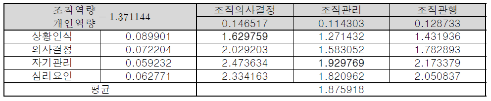 조직역량 하위인자 및 개인역량 하위인자의 상대적 가중치 비율 분석