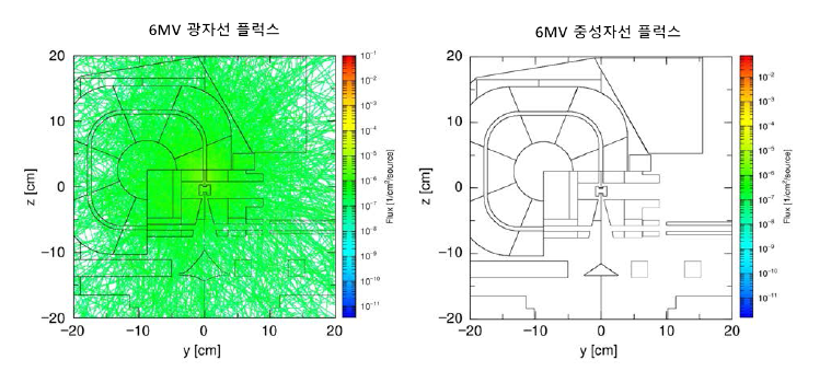 (좌) 6 MV 광자선 플럭스 분포와 (우) 중성자 플럭스 분포