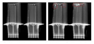 가돌리움 태깅 전후 검사된 터빈 블레이드 (좌: 태깅전, 우: 태깅후 사진)
