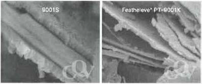 Comparison between SEM Images of Featheleve* and norma! pearlescent pigments. This unique structure of Featheleve* gives softness on touch and better higing power