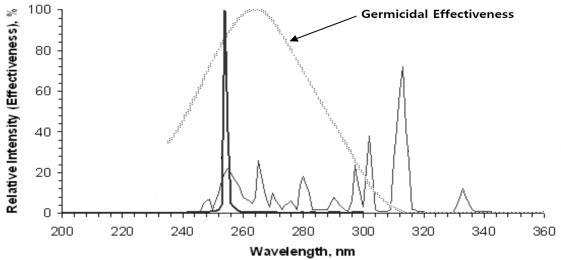 파장에 따른 살균 정도(265nm 파장의 살균력 100%로 기준)와 살균효과 커브(출처: National Nanotechnology Laboratory , Nanosciences Institute, Italy)