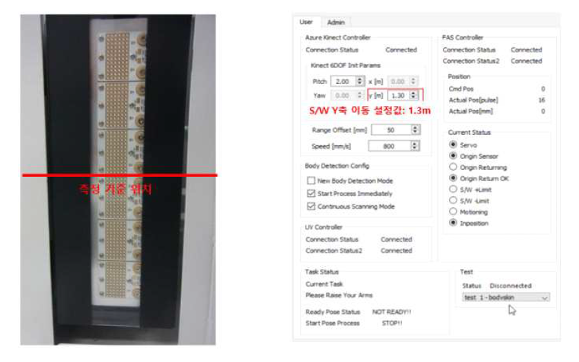 워킹스루 UV LED 모듈 Y축 살균 위치 측정 기준 및, S/W 설정값 (1.3m)