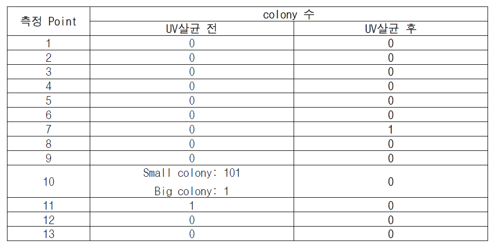 배양 VRE의 UV 살균 전후 colony 수