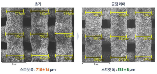 공정조건에 따른 스트럿 폭 변화