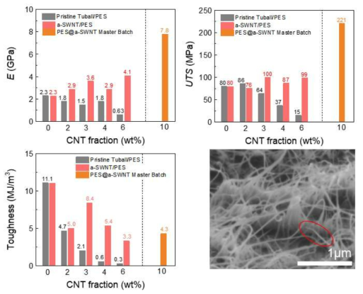 PES@a-SWNT Master Batch 필름 자체의 기계적 물성 측정 결과 및 복합재 인장 시험 후 파단면