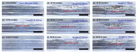 레이저의 출력 변화에 따른 단면 분석 사진, scale bar = 2mm