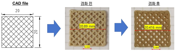 Honeycomb 형상의 경화 전/후 시편 길이 변화