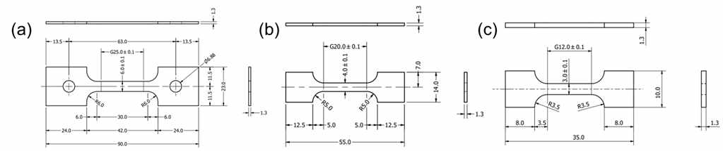 Gauge length 별 인장 시험 도면: (a) 25mm, (b) 20 mm, (c) 12mm