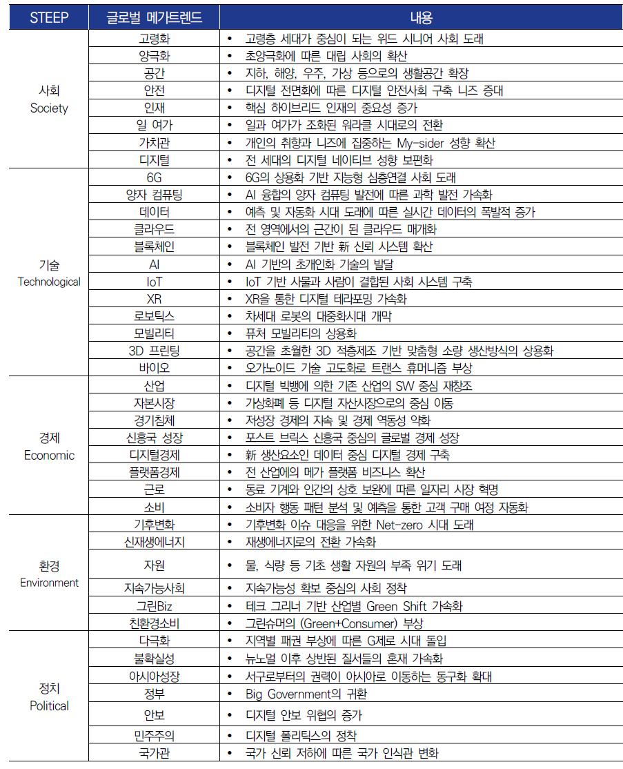 STEEP 분야 글로벌 메가트렌드 (출처 : 소프트웨어정책연구소)