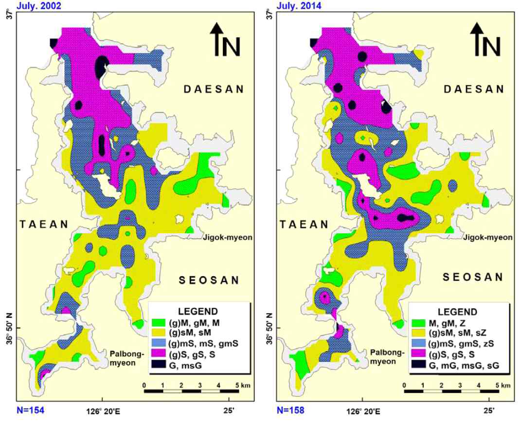 2002년 및 2014년 가로림만 표층퇴적상 특성(Woo et al., 2020)