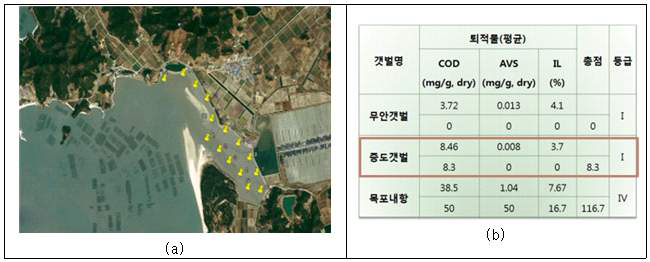 (a) 2009년 신안군 증도면 조사해역 및 조사 지점, (b)증도 갯벌의 COD, AVS, IL 농도 분석결과에 따른 등급도(김도희, 2011)