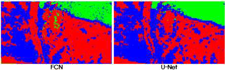 시험자료를 통한 FCN과 U-Net 모델의 예측 결과: 녹색은 갈대, 청색은 해홍나물, 적색은 갯벌을 의미