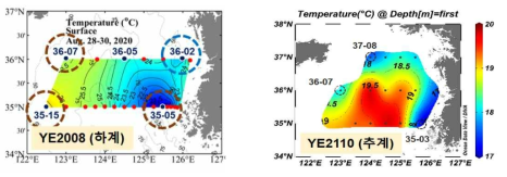 하계 및 추계 자치어 채집정점과 표층 수온