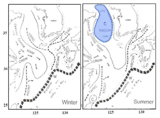 겨울철과 여름철 수괴분포도와 해수순환 모식도 (Kondo, 1985). 표층과 저층(50m)의 순환구조가 혼합된 형태. YSWC (Yellow Sea Warm Current), CRDW (Changjiang River Diluted Water), YSCCW(Yellow Sea Central Cold Water)