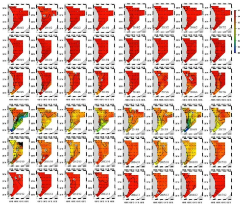 2010년~2017년 동안의 격월별 표층 염분 분포(자료:국립수산과학원 정선관측자료)