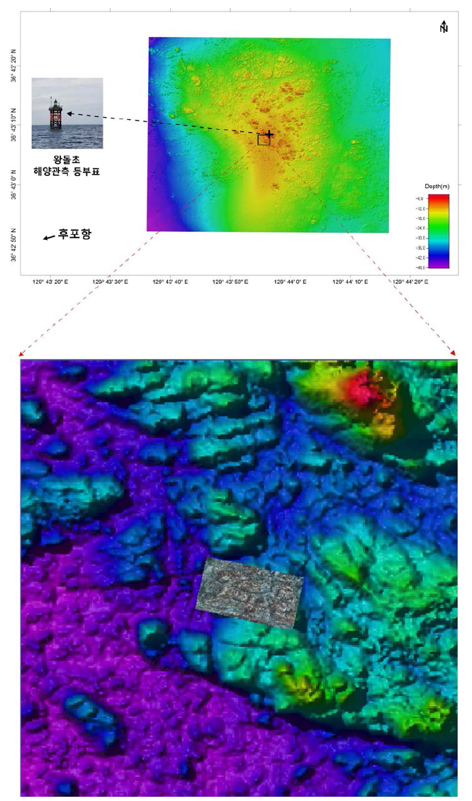 동해 왕돌초 해양과학등부표 주변 서식지 입체 해저면영상 합성지도(정밀 해저 지형 + 서식지영상합성지도, 수직 상공에서 본 모습)
