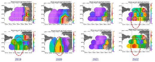 2019-2022년 표층수와 저층수 내 질산염의 공간분포 비교