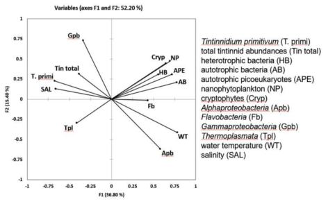 2020년 하계 저층 우점종 Tintinnidium primitivum과 잠재적 먹이생물과 수환경요인(수온과 염분)간의 주성분 분석 결과