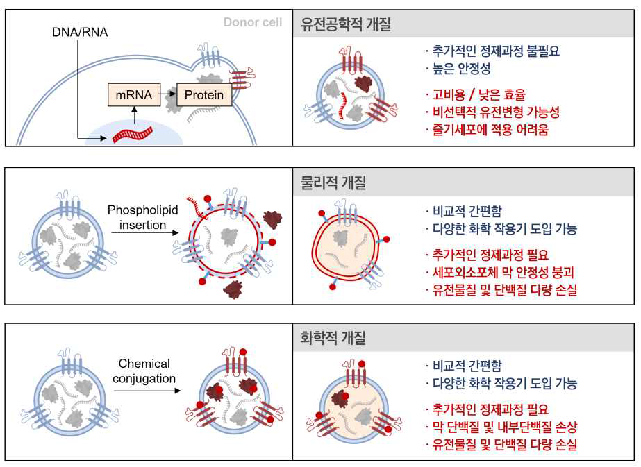 기존 세포외소포체 표적화 기술의 종류 및 특징