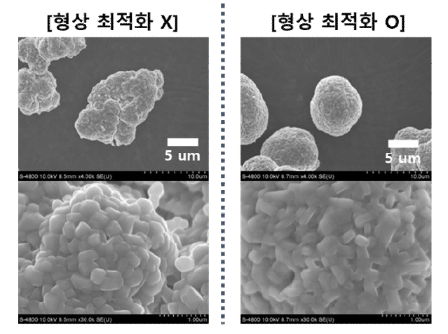 형상 최적화 전-후의 각 NCM9055 전구체를 4% excess Li, 500oC/5시간+760oC/15시간, O2 분위기에서 소성한 후 SEM 이미지