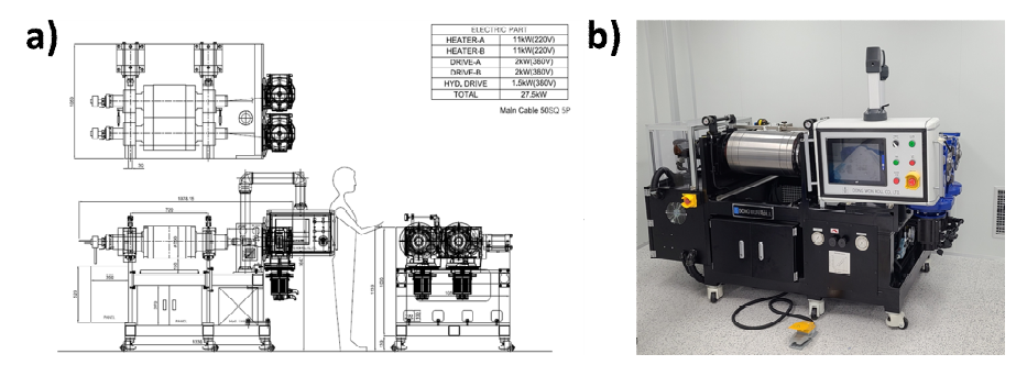 전고체전지 건식 양극 제조용 calendering 시작품 도면 및 실제 장비