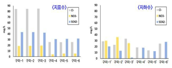 지표수, 지하수 음이온 분석 결과