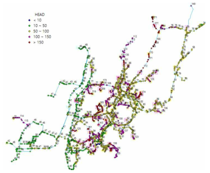 B시 전체 송수관로 모델- Nodal Head(m)