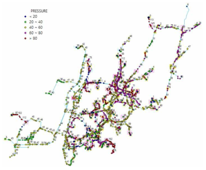 B시 전체 송수관로 모델 - Nodal Pressure(m)