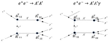 경입자(전자-양전자) 충돌실험에서 이중암흑광자(A’)가 뮤온 쌍으로의 붕괴 모드 파이만 다이어그램