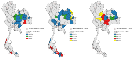 태국 지역별 세 개의 감염병 전파 확산 클러스터 지도, 확보된 태국 내 지역데이터를 활용한 호흡기계 감염병의 전파패턴 분석사례 제시