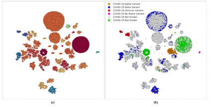 (a): 서열 데이터 군집화 모델을 활용한 데이터 군집화 결과, (b): 군집화 결과에 바이러스 변이별로 데이터에 색을 입힌 결과를 나타내며 4개의 알파벳의 연속으로 나타나는 서열 데이터를 벡터화한 뒤 차원 축소를 통해 2차원으로 나타낸 결과가 여러 변이 별로 잘 나뉘었음을 확인할 수 있음