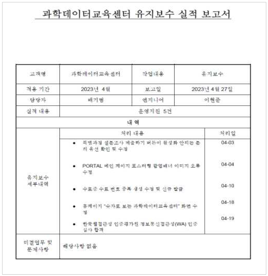 홈페이지 유지보수 실적 보고서