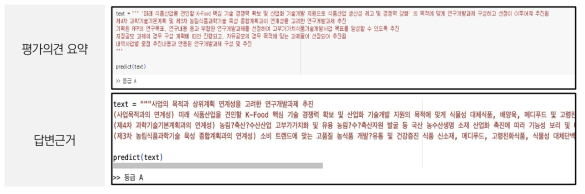 추진과정 지표 평가의견 요약과 답변근거 데이터의 비교와 예측결과 예시 (KoBERT)